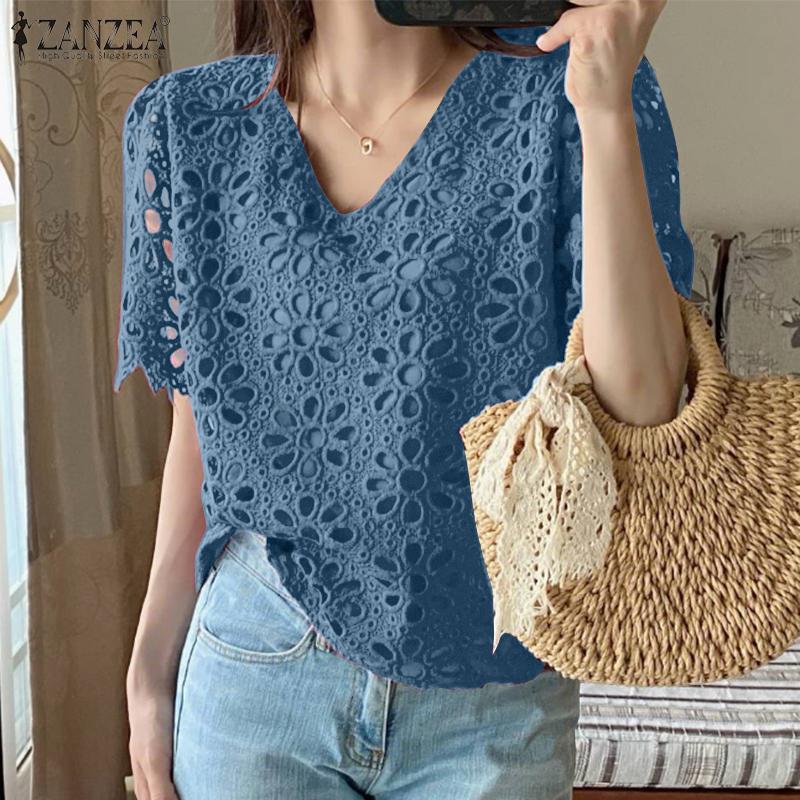 ZANZEA Women Summer V-Neck Lace Crochet Patchwork Casual Short Sleeve Blouse