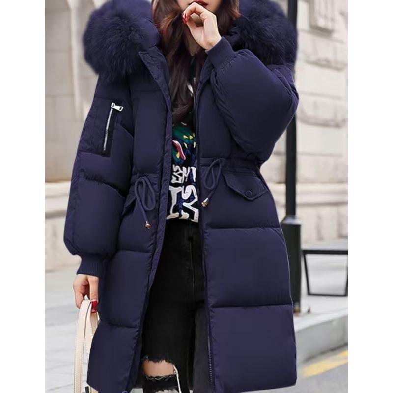 Manteau d'hiver Doudoune Veste Femme Fourrure Capuche Fourrure Épaisse Rembourrée Taille à Cordon de Serrage Fermeture Éclair Longueur Moyenne Manteau en Coton