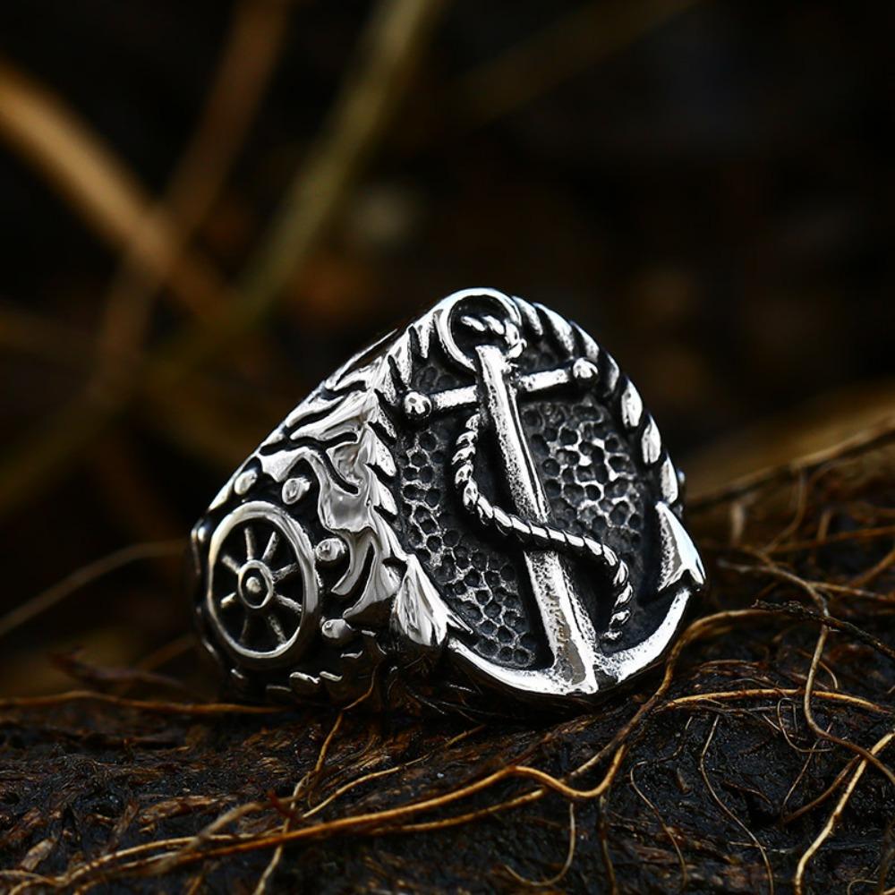Retro Compass Titanium Steel Ring, European and American Men's Stainless Steel Casting Boat Anchor Ring