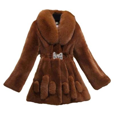 Women Autumn Winter Solid Color Thick Plush Overcoat Lapel Long Sleeve Elastic Waist Buckle Design Artificial Fur Warm Coat