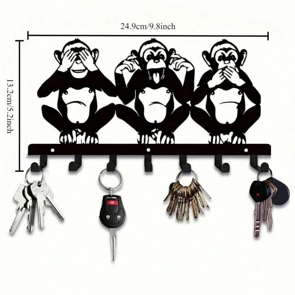 1 PC Charming Three Monkeys Metal Wall Art With Key Hooks - Effortless Installation, Perfect For Hanging Jackets, Hats