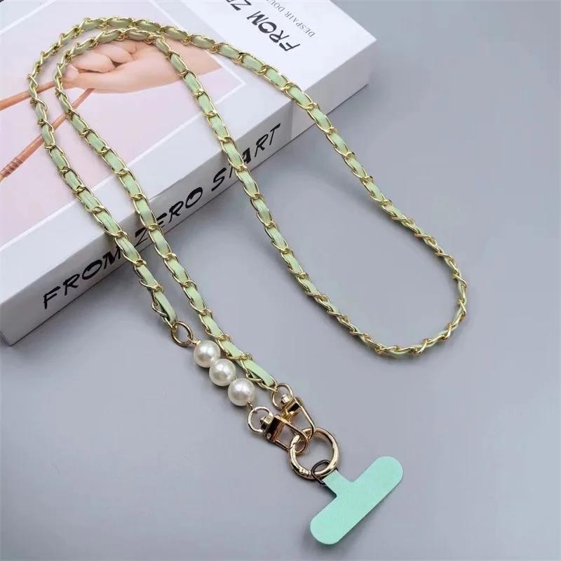 Phone Lanyard Women's Long Leather Woven Metal Chain With Pearl Phone Case Universal Phone Lanyard Diagonal Cross Bag Decoration