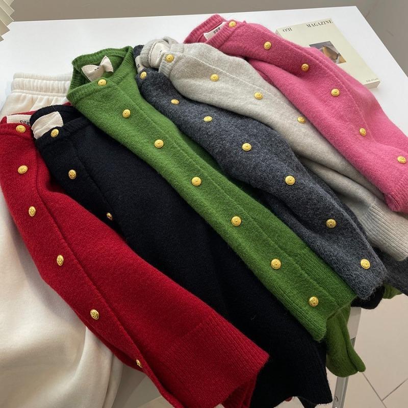 White raspberry powder small gold button knitted cardigan women's autumn and winter soft waxy thickened warm crew neck sweater jacket