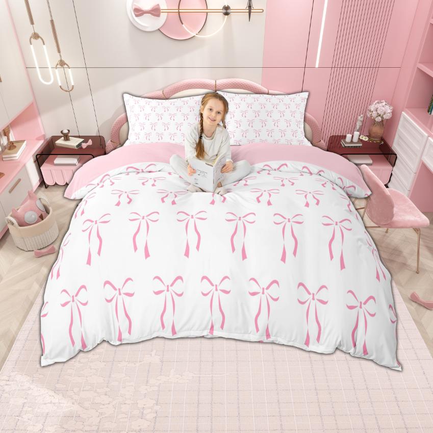 Homewish Kawaii Bowtie Bowknot Duvet Cover Set For Kids Girls 2Pcs/3Pcs Cartoon Ribbon Bow Knot Bedding Princess Style Bed Set