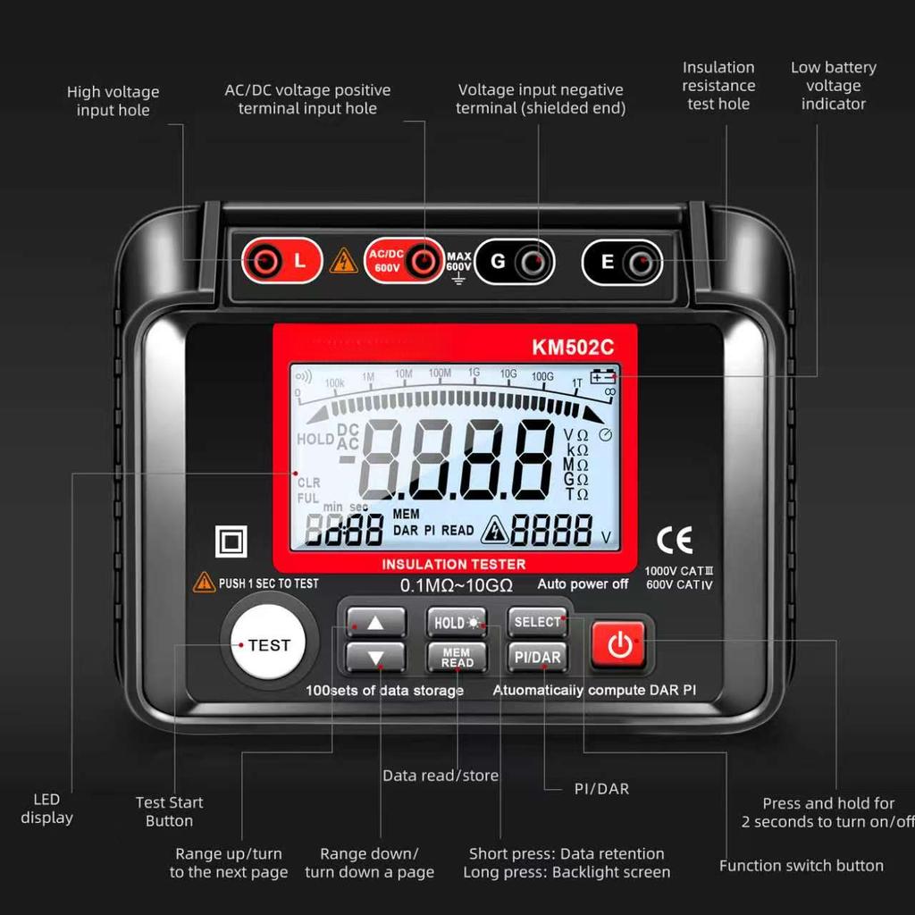 MH12 Digital Megohmmeter Meters Insulation Earth Resistance Meters Tester Cable High Voltage Voltmeter Meter