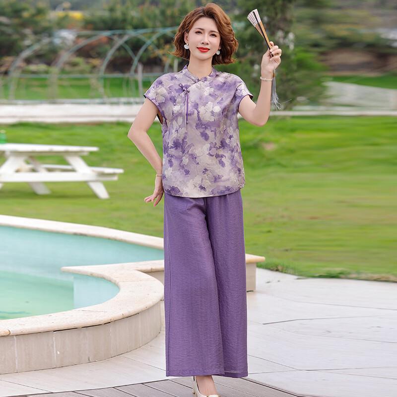 Elegant New Chinese Style Short-Sleeve Wide-Leg Pants Set L