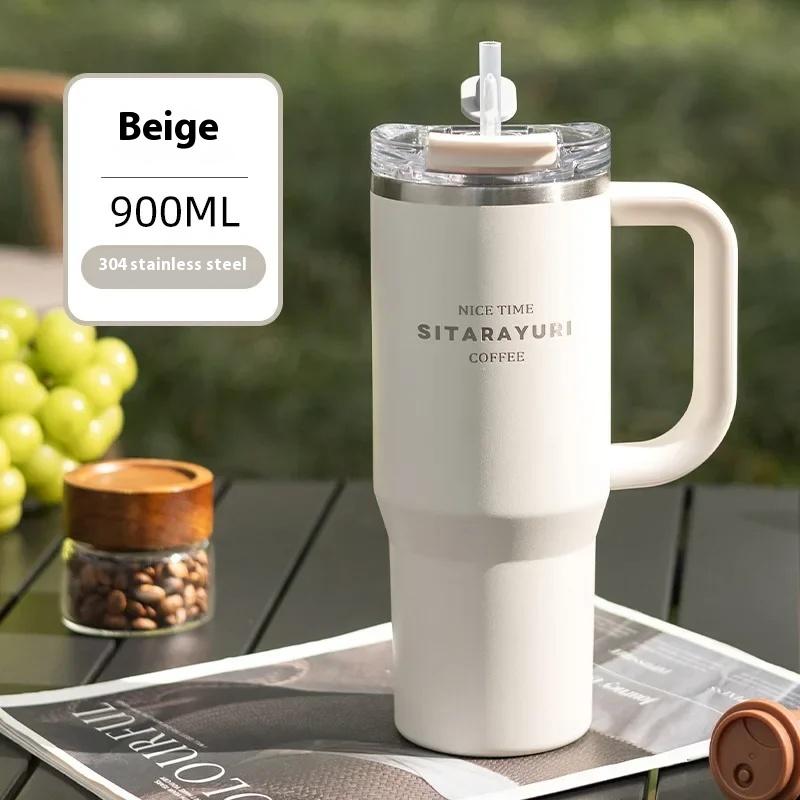 

Stainless Steel Insulated Water Bottle 900ml Thermal Coffee Milk Insulation Cup Cold Hot Mugs Vacuum Flask with Handle Straw 900ml белый