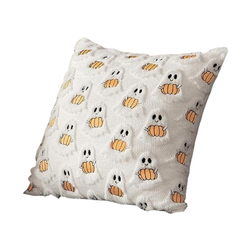 

Embroidered Ghostly Pumpkin Plush Pillow Cover 18x18Inch Halloween Decors For Sofa Bedroom Living Room Soft Faux Furs Cushion Case