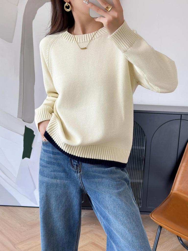 Korean-Style Loose Fit Women's Round Neck Thick Pure Cotton Long Sleeve Sweater for Autumn/Winter