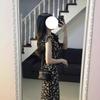 Coffee break French Hepburn style black floral dress children's summer new temperament waist long dress advanced