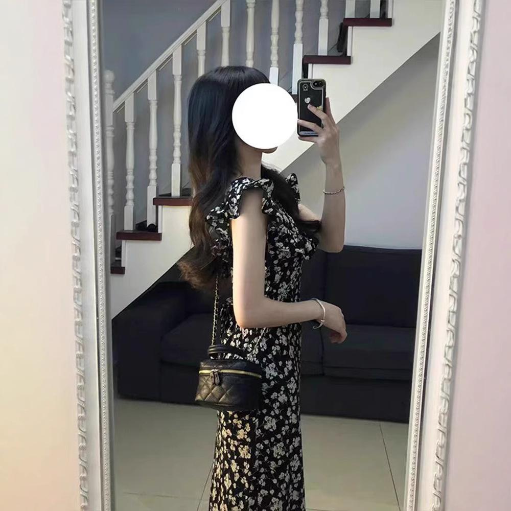 Coffee break French Hepburn style black floral dress children's summer new temperament waist long dress advanced