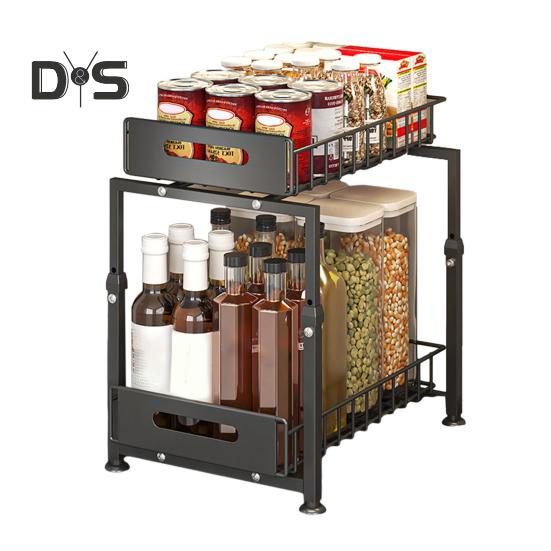 Kuchenny regał do przechowywania Mocny nośność Duża pojemność Regulowana wysokość 2-poziomowy organizer pod zlewem z wysuwanymi szufladami