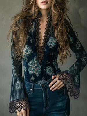 Elegant European-Style Gold Velvet Lace V-Neck Bell Sleeve Top