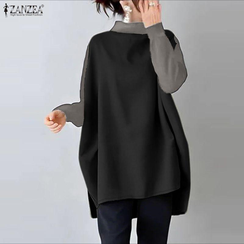 ZANZEA Women Stand Collar Loose Casual Long Sleeve Patchwork Blouse