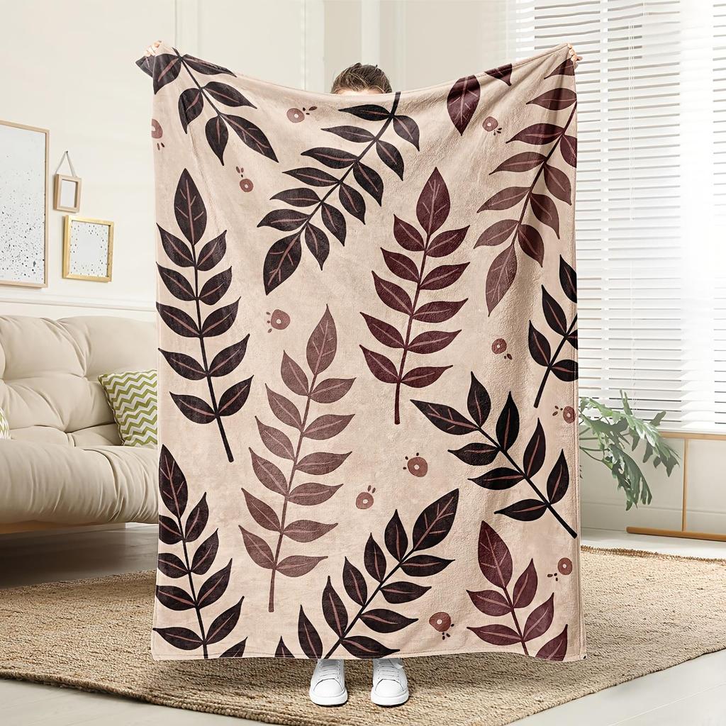 1pc Beige and Brown Leaf Pattern Blanket, Polyester Fabric, Machine Washable, Suitable for Bedroom and Living Room Decoration