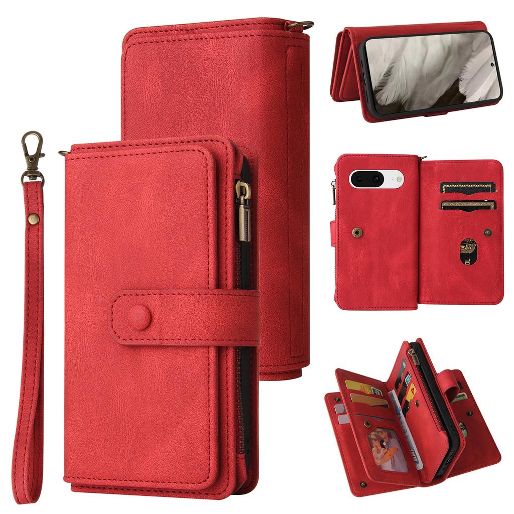 For Google Pixel 8 Zipper Wallet Case with 15 Card Slots and Strap Leather Phone Cover