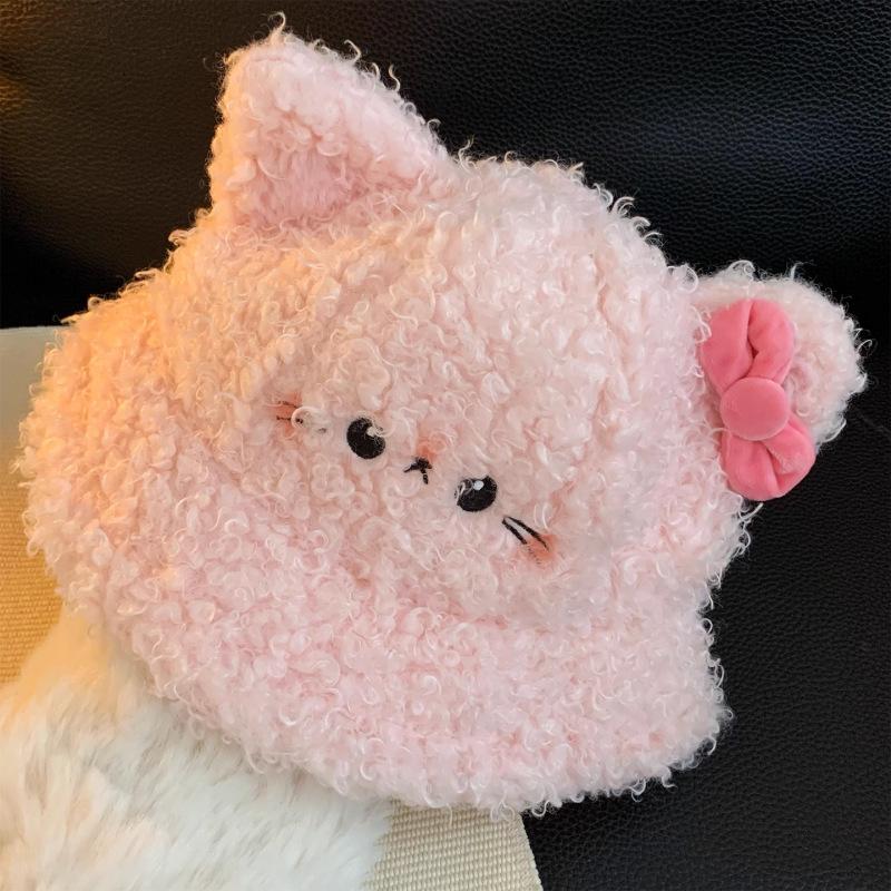 

Cute cat lamb plush bucket hat female sweet versatile washbasin hat big head circumference warm hat One size fits all (54-58cm) рожевий