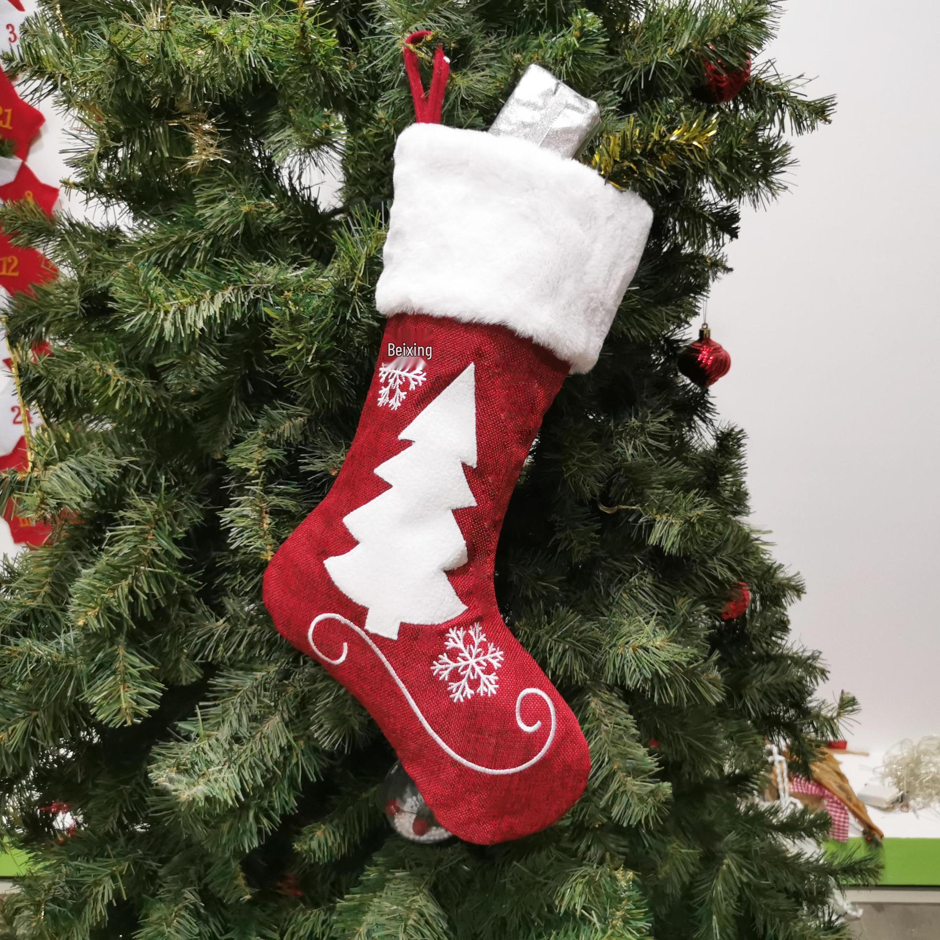 

Reindeer Embroidered Red Hemp Christmas Stockings Gift Bags