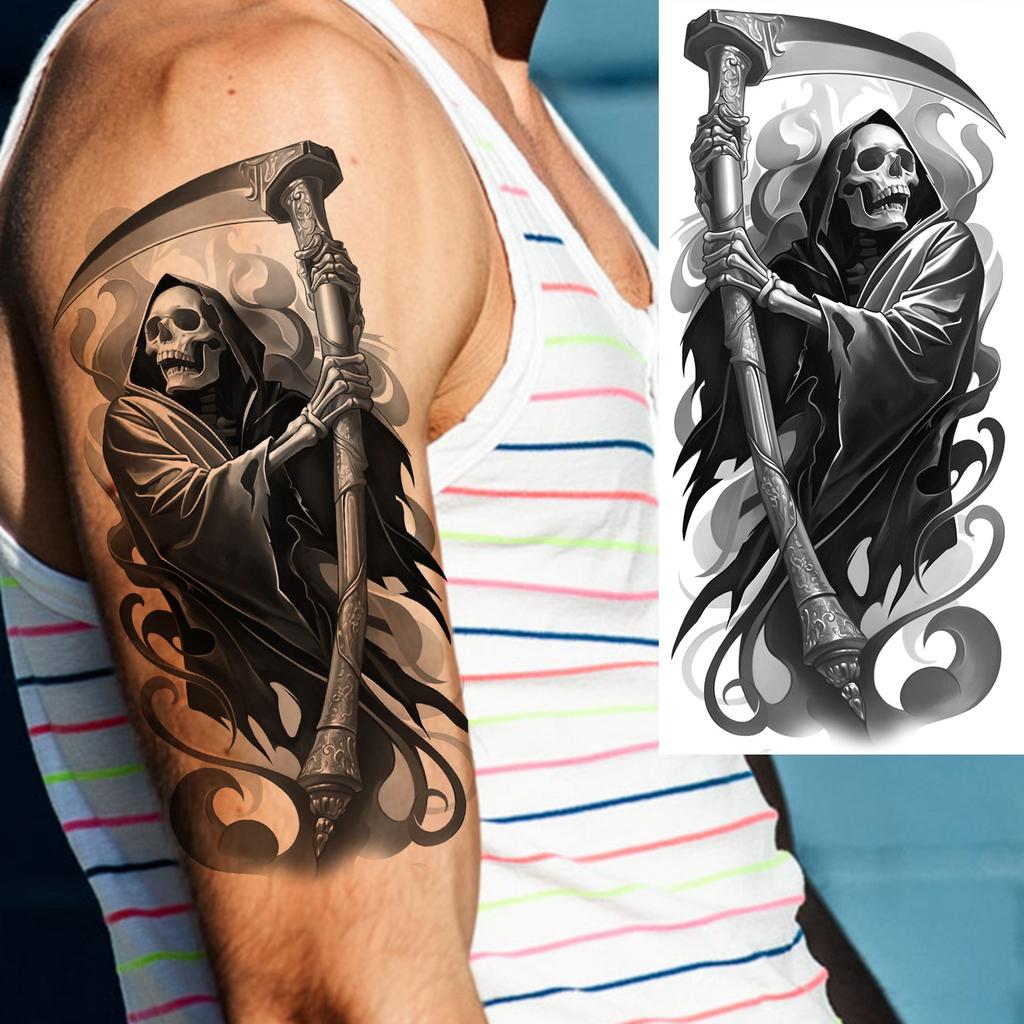 1 Blatt Gruseliger Sensenmann Totenkopf Temporäre Tattoos Halloween Tattoos Langlebig Wasserdicht Tiger Wolf Bestie Fake Tattoo Aufkleber