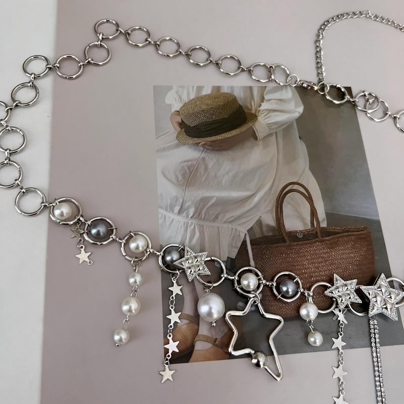 Meier Diamond-studded round star tassel pearl waist chain - designer waist slimming belt