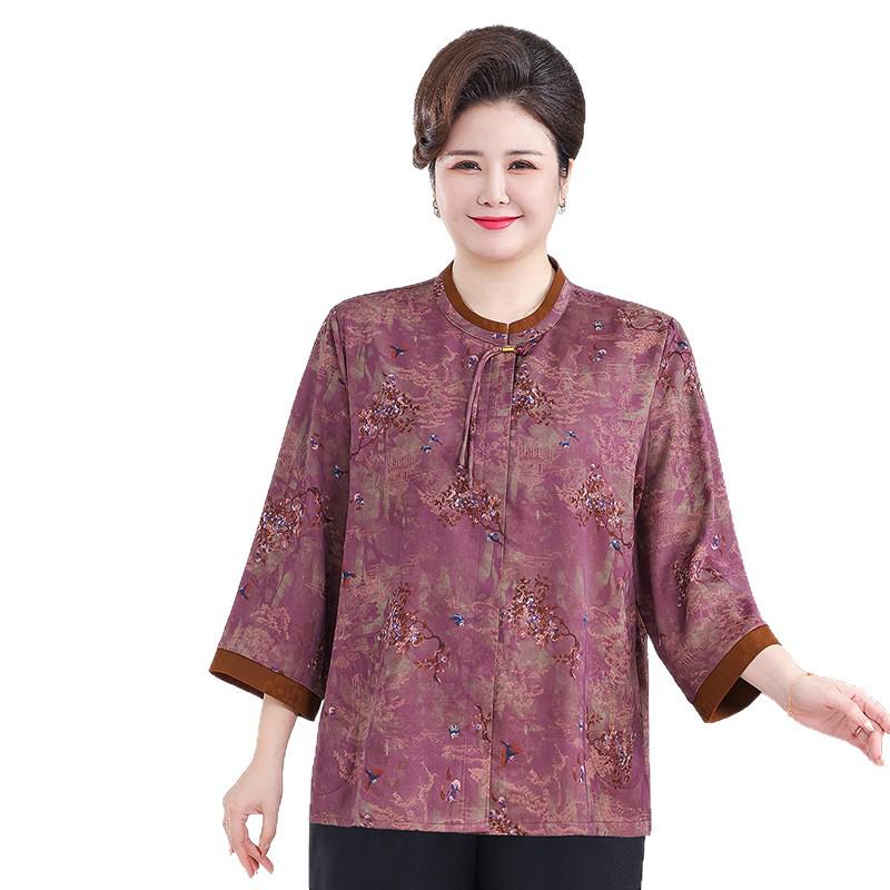 Stylish Plus Size Mid-Sleeve Shirt for Elderly Women: Spring/Summer Tang Suit Top for 70-Year-Olds