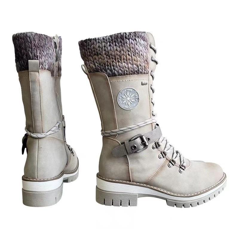 Damen Winterstiefel mit Schnalle und Spitze, gestrickt, mittelhoher Absatz, Stiefel mit runder Spitze, hochwertige warme Winterstiefel für Damen, Botas de Mujer