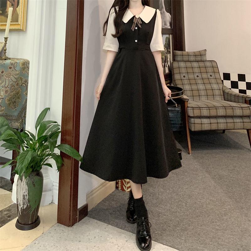Robe ajustée grande taille style rétro français à col poupée avec jupe patchwork