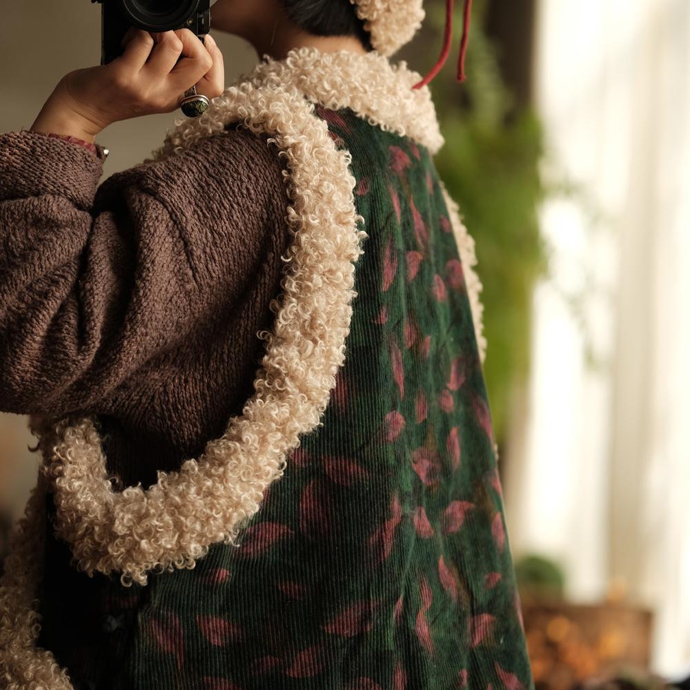 Johnature Women Chinese Style Corduroy Coats Print Floral Wool Patchwork Warm Spring V-Neck Vintage Coats