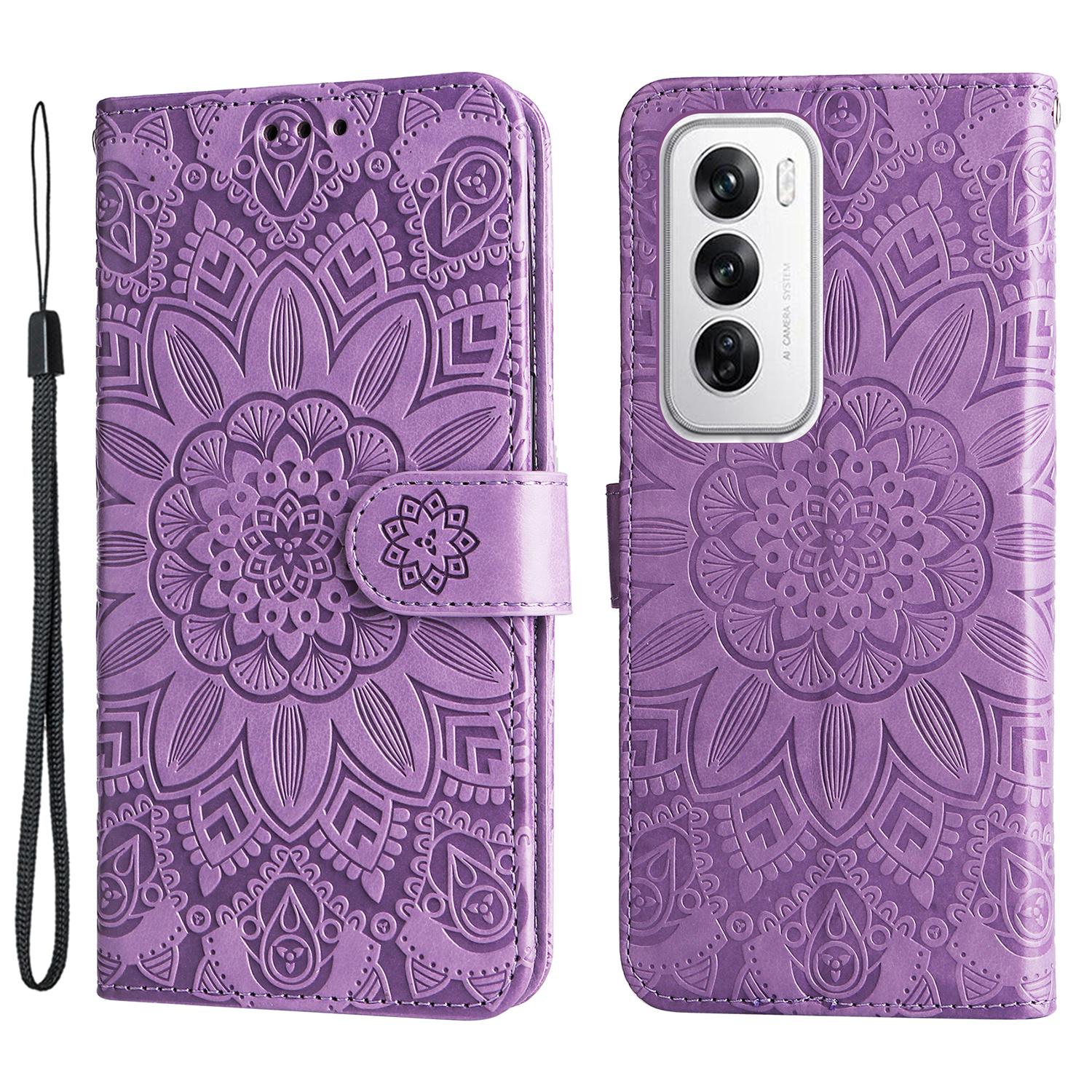 

For Oppo Reno12 5G (Global) Case PU Leather Sunflower Phone Cover with Strap Purple
