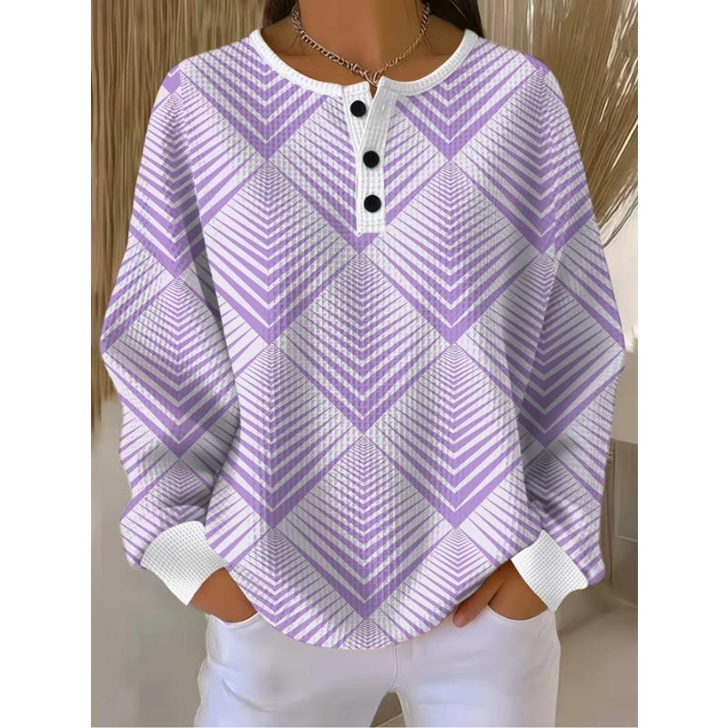 Women's Three-button Henley Collar Waffle Long-sleeve Top, Featuring a Light Lilac Diamond Geometric Print.