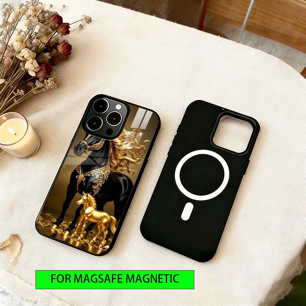 Golden Horse Phone Case For iPhone17,16,15,14,13,12,11 Plus,Pro Magnetic For Magsafe Wireless Charging