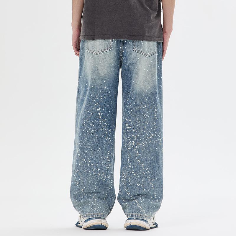 Gypsy hot diamond washed old denim straight pants loose casual men's retro street trendy American wide-leg trousers