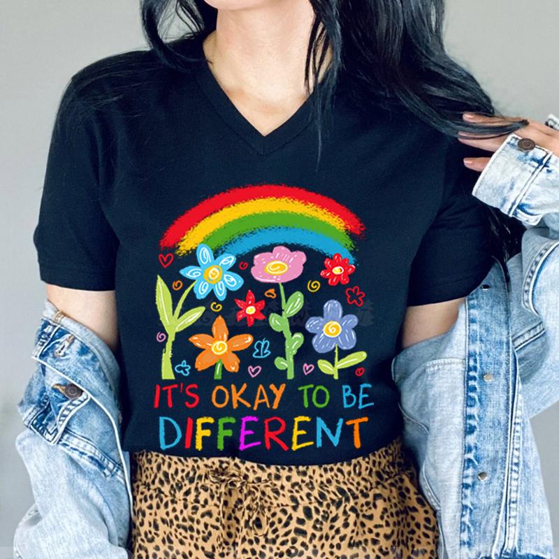 Regenbogen Neurodiversität T-Shirt Es ist Okay Anders zu Sein Süße Blumenhemden Design Autismus Bewusstsein T-Shirt Autismus Mama Retro T-Shirts