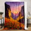 Sunset Valley with Vibrant Poppy Flowers Flannel blanket for bedroom, living room, sofa, and nap sofas