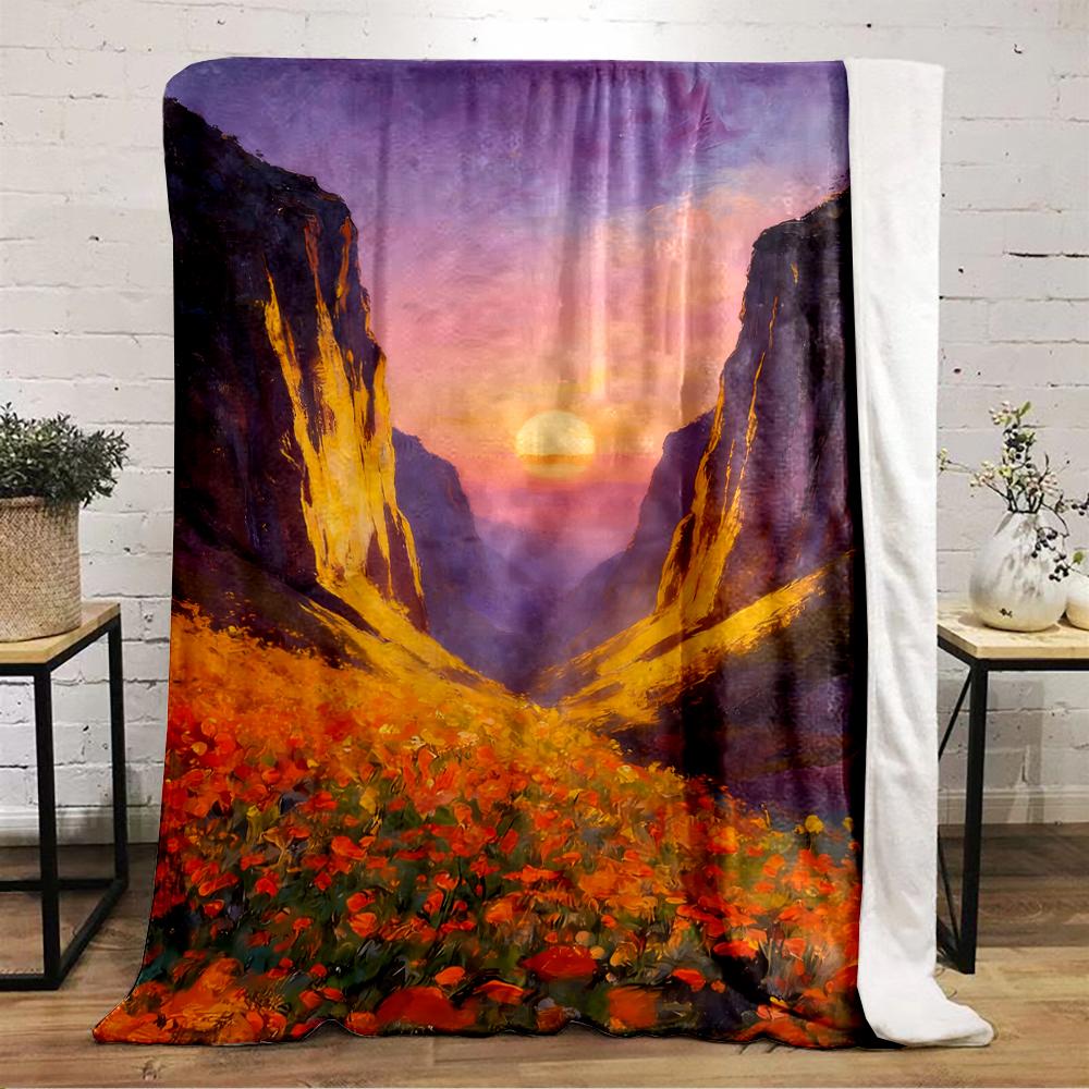 Sunset Valley with Vibrant Poppy Flowers Flannel blanket for bedroom, living room, sofa, and nap sofas