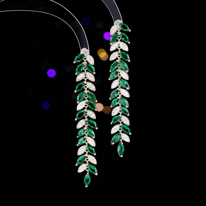 

Банкетное платье с серьгами, модные, легкие, роскошные, высокочувствительные, циркониевые, листовидные, модифицированные, длинные, пшеничные, серьги с бахромой зелёный
