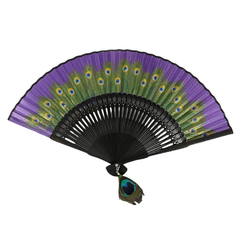 

Vintage Feathered Pattern Handheld Fan Wood Folding Fan Vintage Folding Hand Fan for Women Weddings and Dance Parties
