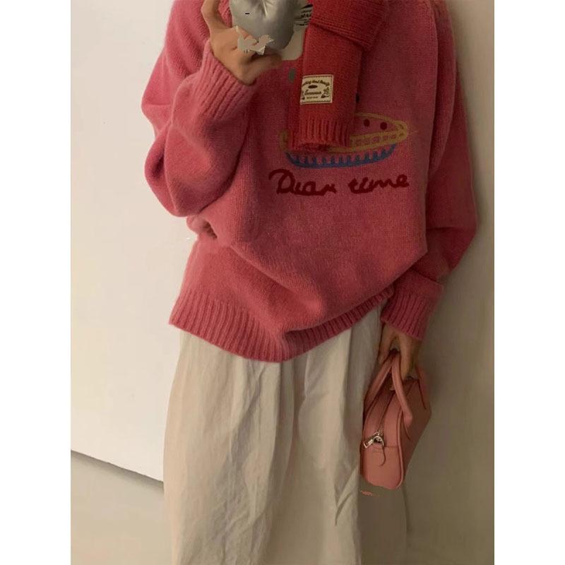 Cute Embroidery Pullover Sweater Women's Autumn and Winter Candy Color Round Neck Loose Knit Sweater Top College Style