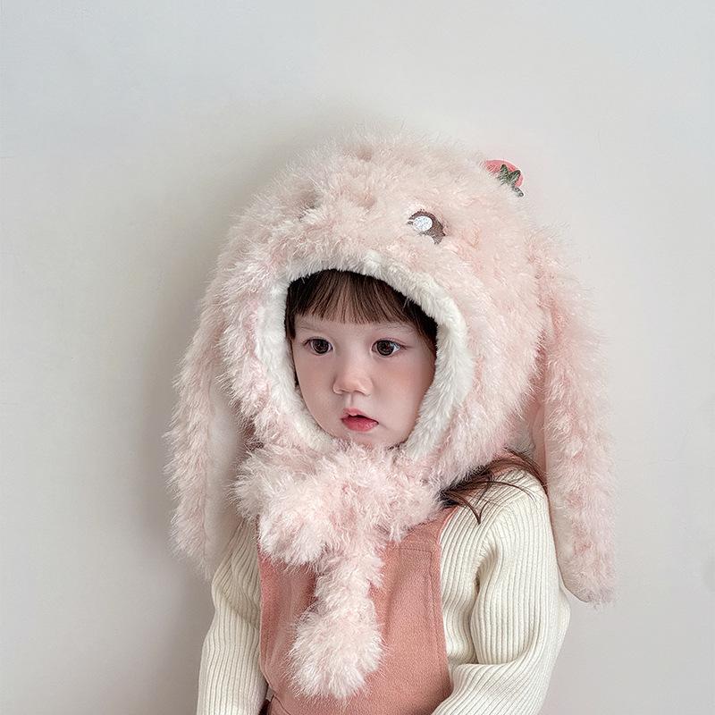 

Children s Hat Scarf All in One Hat Super Cute Strawberry Rabbit Ear Protection Hat Winter Warm and Thickened Plush Hat for Boys and Girls