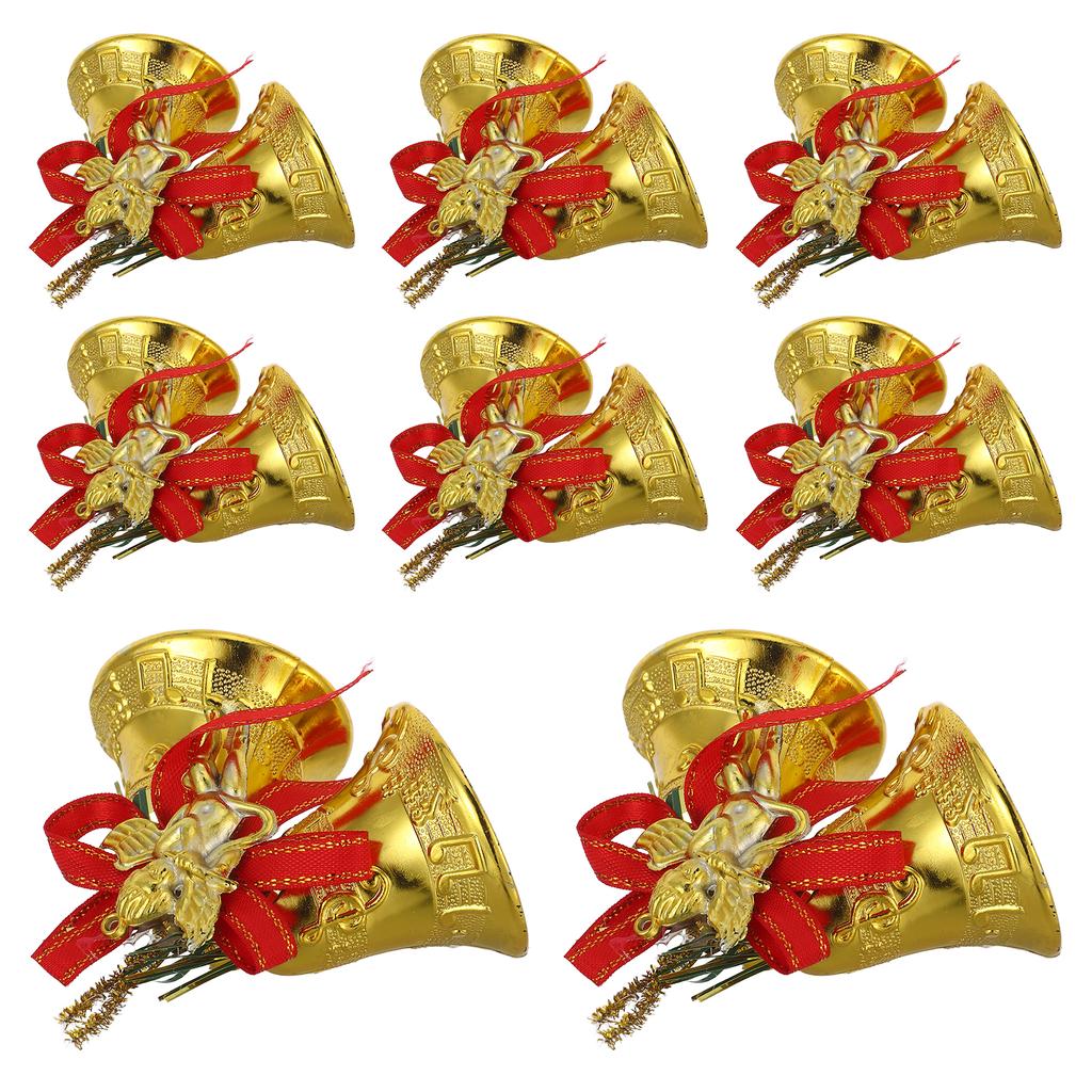 8Pcs Christmas Bells Ornaments Shatterproof Golden Plastic Mini Bells Red Bow Garland Xmas Tree Decoration Gold Tree Ornaments