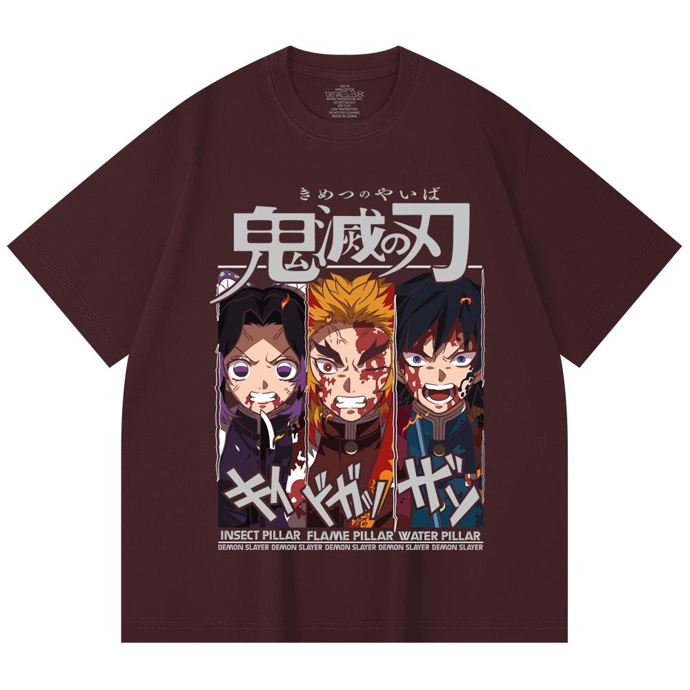 

230 Gsm 100% Cotton Demon Slayer V58 Pillars Print Unisex Heavy Cotton T Shirt 2XL вина червоного кольору