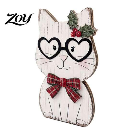 Handcrafted Wood Cat Figurines Christmas Wooden Tabletop Decor, Cute Kitty Figurine, Rustic Farmhouse Animal Gifts Xmas Tiered Tray Ornament