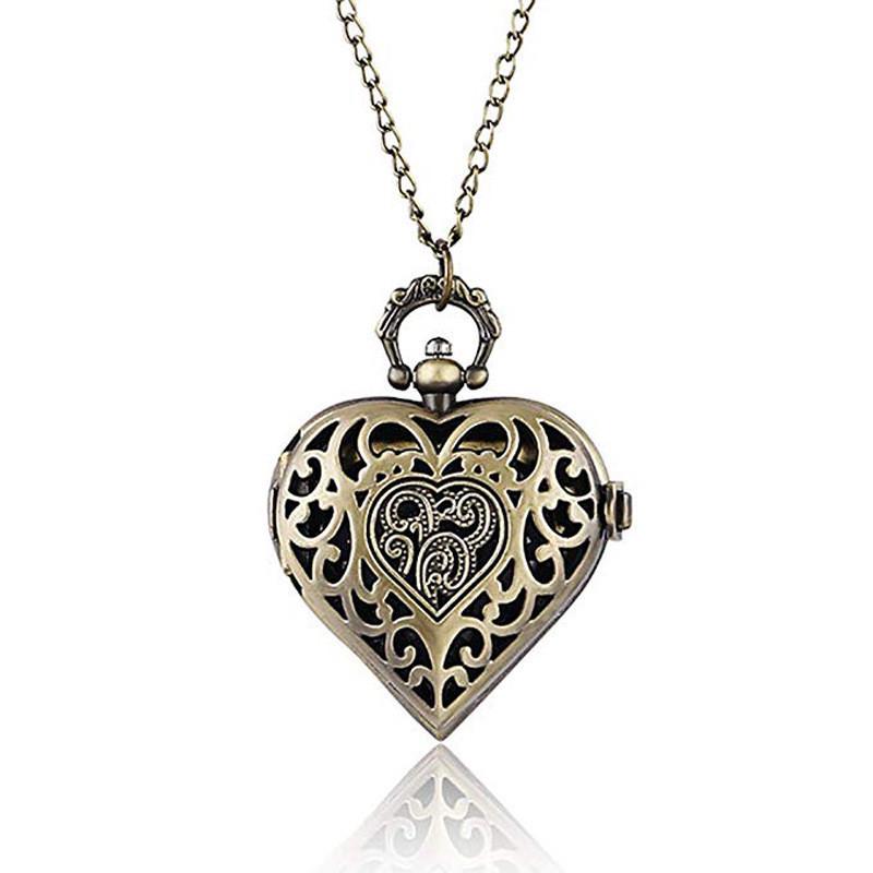 Vintage Heart-Shaped Quartz Pocket Watch Necklace with Flip Cover