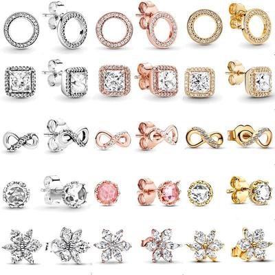 Authentic 925 Sterling Silver Circle & Infinity Stud Earrings Square Sparkle Stud Earrings For Women Europe Gift Diy Jewelry