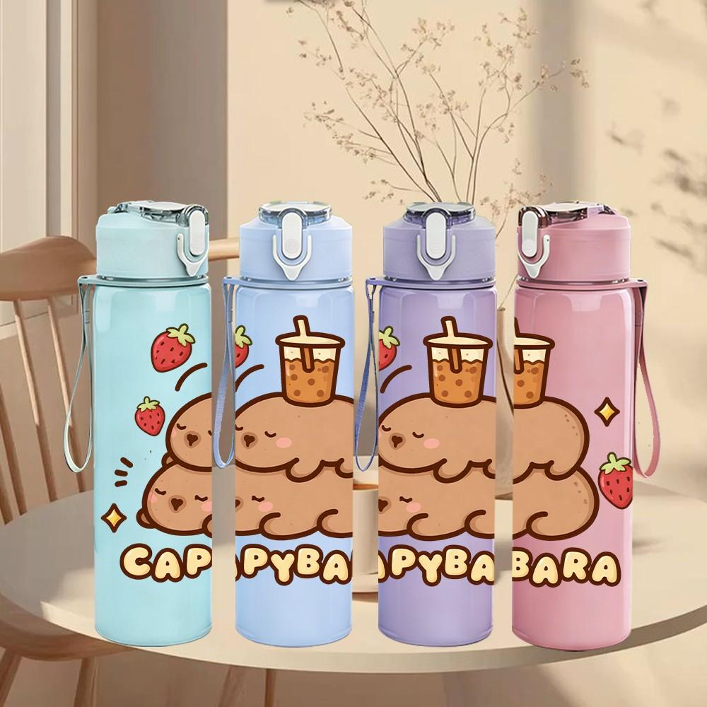 1PC Capybara Relax Fruit Cute Cartoon 750ml Color Plastic Sports Water Bottle Leakproof Flip Straw Lid Suitable for Sports Office Home Use