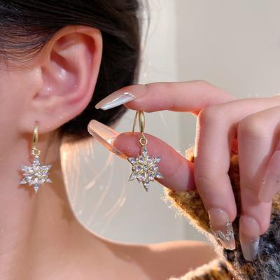 Shiny Crystal Christmas Gold Plated Snowflake Zircon Pearl Earrings Hook For Women Dangle Hook  Xmas Party Jewelry Gift