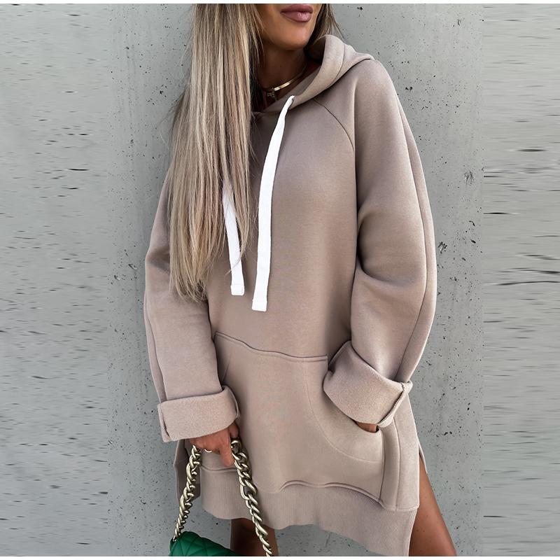 Middellange effen kleur lange mouw trend dames hoodie herfst winter sweatshirt met zakken