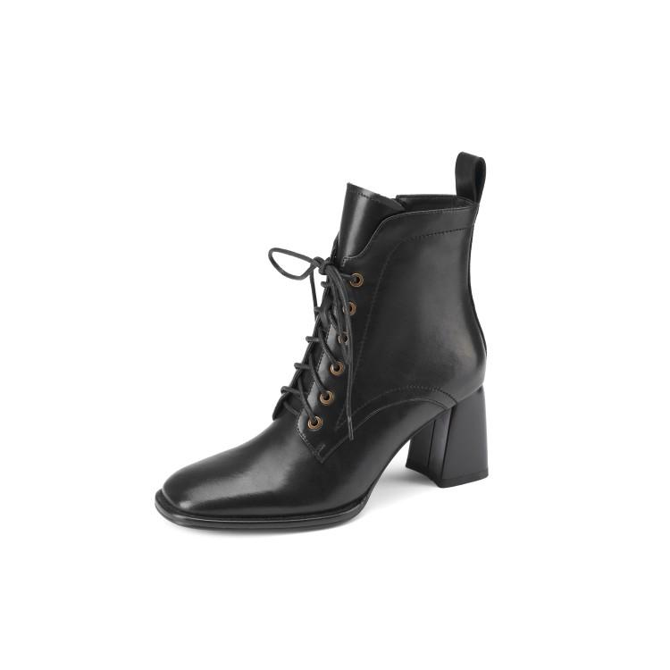 Fashion Autumn/Winter Women Boots Square Toe High Heel Shoes for Women Black Leather Boots Women Lace Up Handemade Shoes Botas De Mujer
