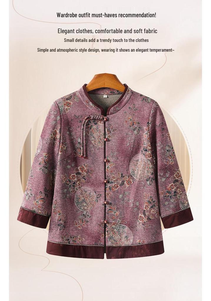 2026 Spring & Autumn Tang Suit Stand Collar Shirt for Middle-Aged & Elderly Women - Plus Size Chinese Style Mother's Wear
