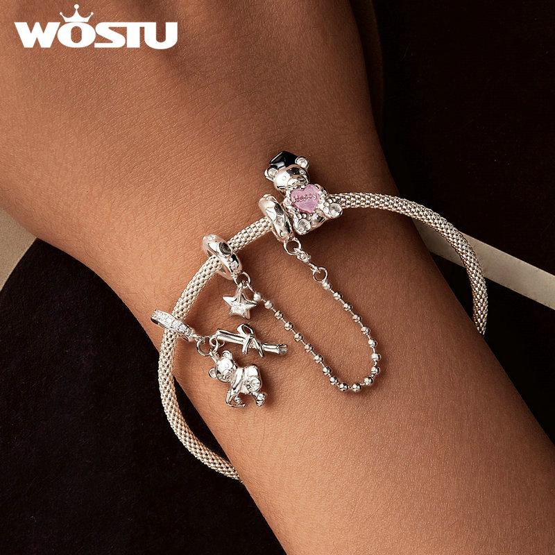 WOSTU 925 Sterling Silver Bear Charms Baby Bottle Set Pendant Fit Original Bracelet for Graduation DIY Jewelry Wishes Gifts
